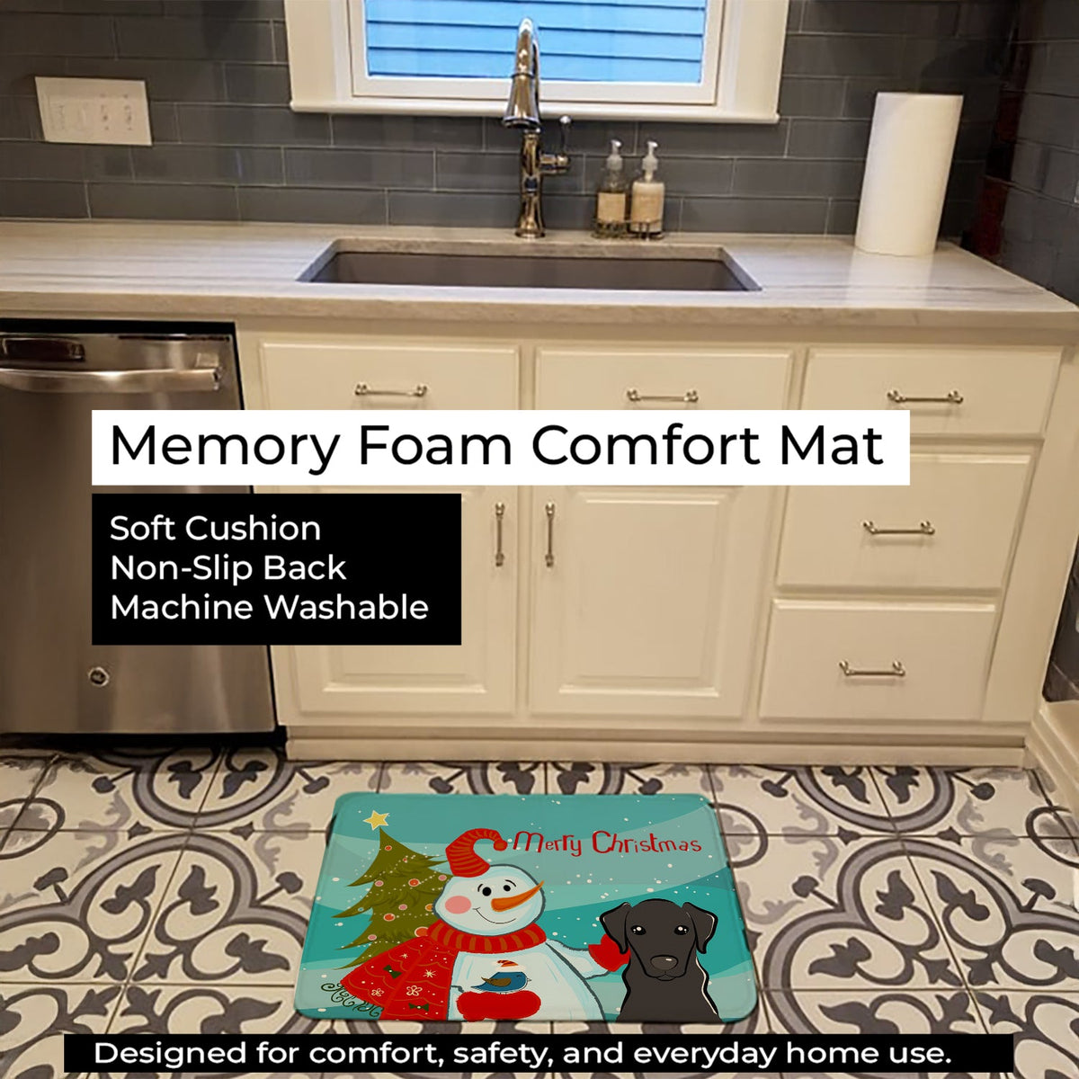 Snowman with Black Labrador Memory Foam Kitchen Mat Machine Washable Anti-Fatigue Cushion Comfort Bath or Kitchen Rug