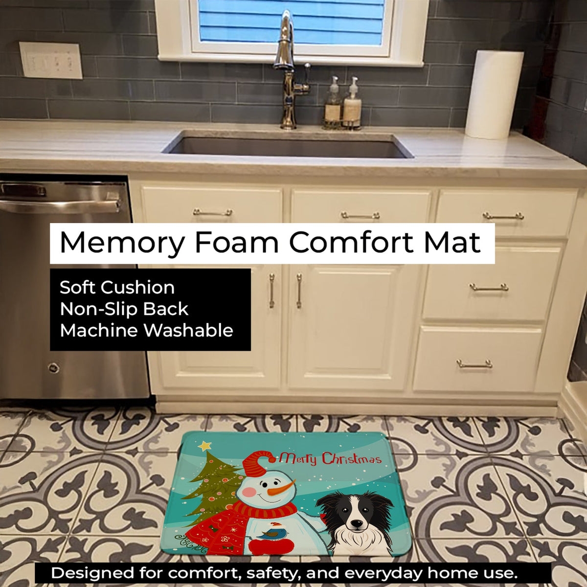 Snowman with Border Collie Memory Foam Kitchen Mat Machine Washable Anti-Fatigue Cushion Comfort Bath or Kitchen Rug