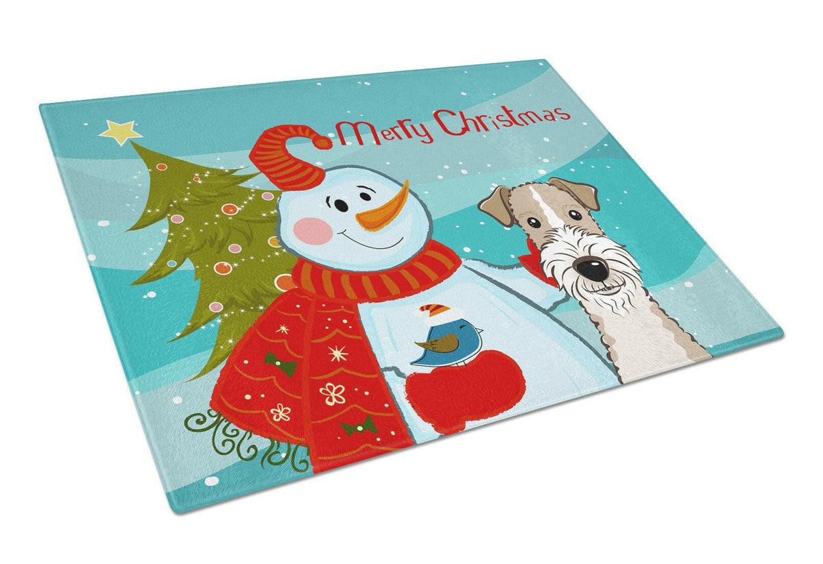 Snowman with Wire Haired Fox Terrier Cutting Board Tempered Glass Kitchen Cutting Surface, Heat Resistant Chopping, Non-Slip Feet, Food Prep & Serving