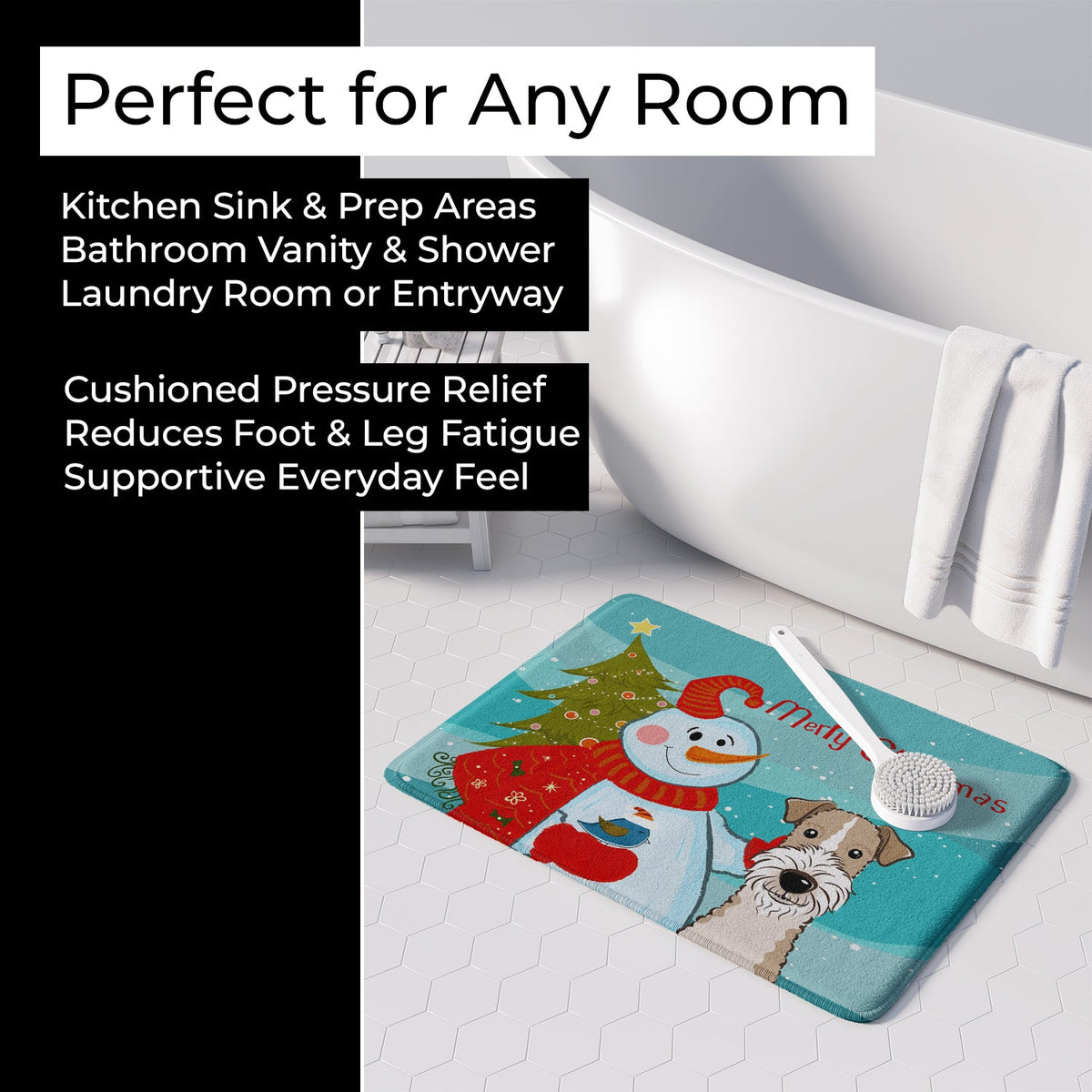 Snowman with Wire Haired Fox Terrier Memory Foam Kitchen Mat Machine Washable Anti-Fatigue Cushion Comfort Bath or Kitchen Rug
