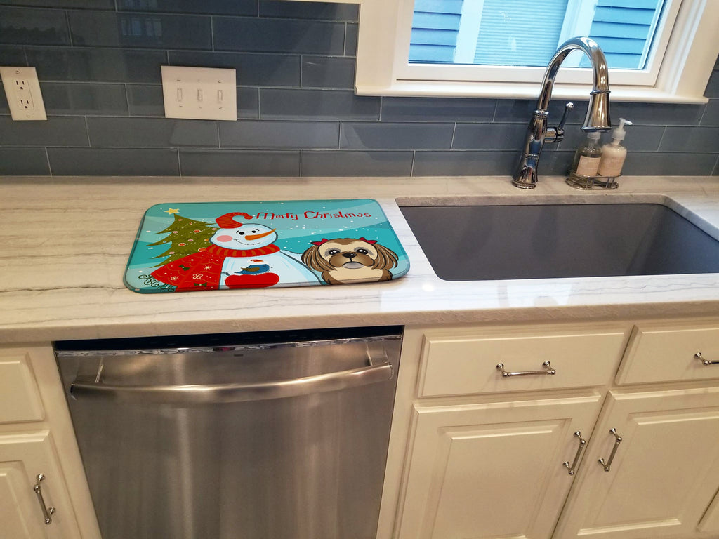 Snowman with Chocolate Brown Shih Tzu Dish Drying Mat Absorbent Dish Drying Mat Pad for Kitchen Counter Dish Drainer Mat for Countertop, 14 x 21", Multicolor