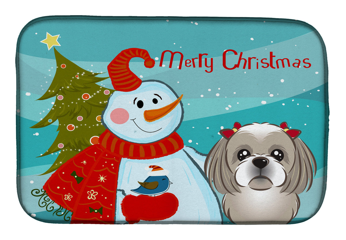 Snowman with Gray Silver Shih Tzu Dish Drying Mat Absorbent Dish Drying Mat Pad for Kitchen Counter Dish Drainer Mat for Countertop, 14 x 21", Multicolor