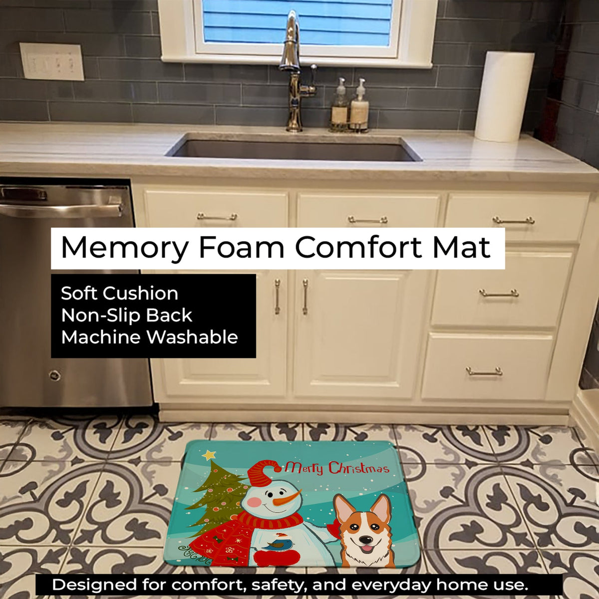 Snowman with Red Corgi Memory Foam Kitchen Mat Machine Washable Anti-Fatigue Cushion Comfort Bath or Kitchen Rug