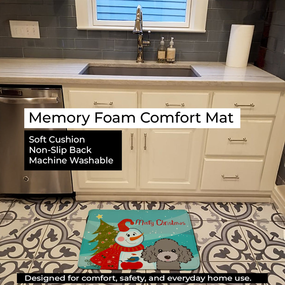 Snowman with Silver Gray Poodle Memory Foam Kitchen Mat Machine Washable Anti-Fatigue Cushion Comfort Bath or Kitchen Rug