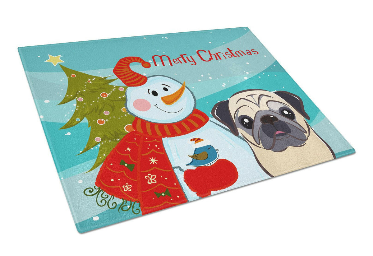 Snowman with Fawn Pug Cutting Board Tempered Glass Kitchen Cutting Surface, Heat Resistant Chopping, Non-Slip Feet, Food Prep & Serving
