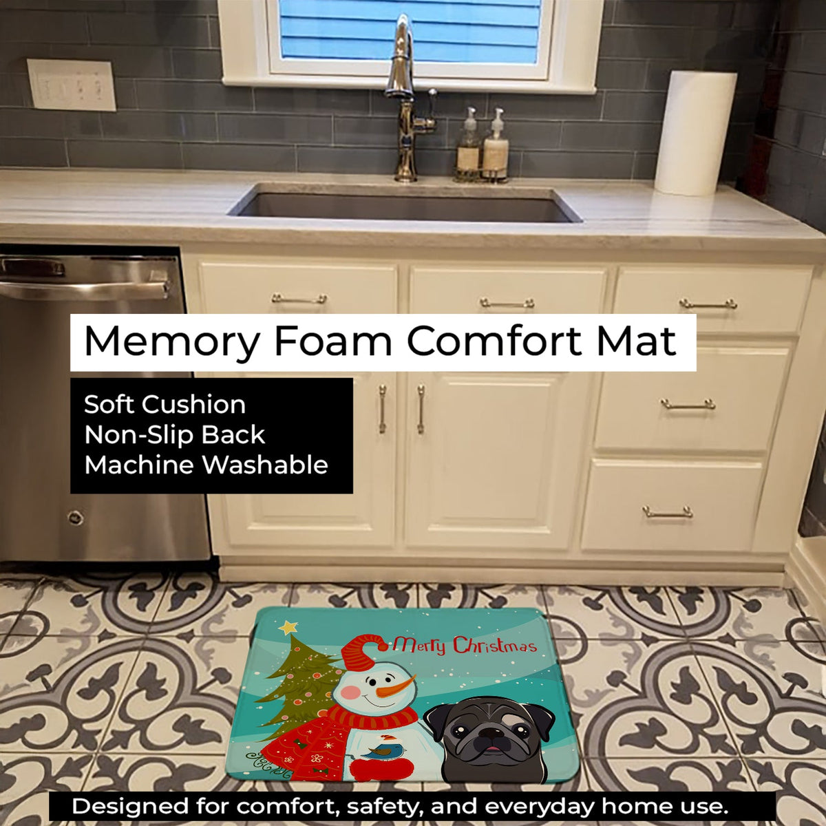 Snowman with Black Pug Memory Foam Kitchen Mat Machine Washable Anti-Fatigue Cushion Comfort Bath or Kitchen Rug