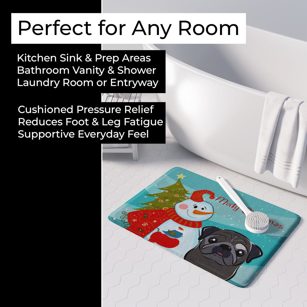 Snowman with Black Pug Memory Foam Kitchen Mat Machine Washable Anti-Fatigue Cushion Comfort Bath or Kitchen Rug