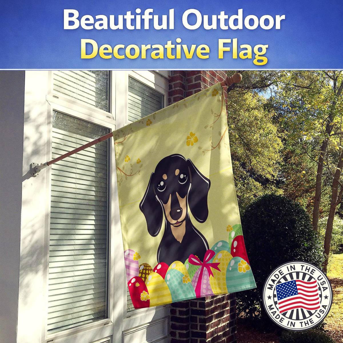 Smooth Black and Tan Dachshund Easter Egg Hunt House Flag 28x40 Porch Sleeve Pole Decorative Outside Yard Banner Artwork Wall Hanging, Polyester