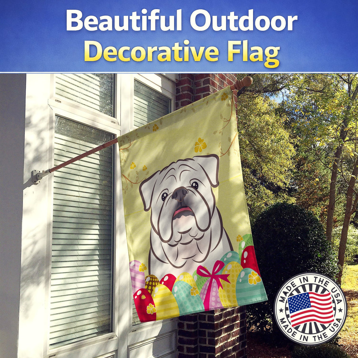 White English Bulldog  Easter Egg Hunt House Flag 28x40 Porch Sleeve Pole Decorative Outside Yard Banner Artwork Wall Hanging, Polyester
