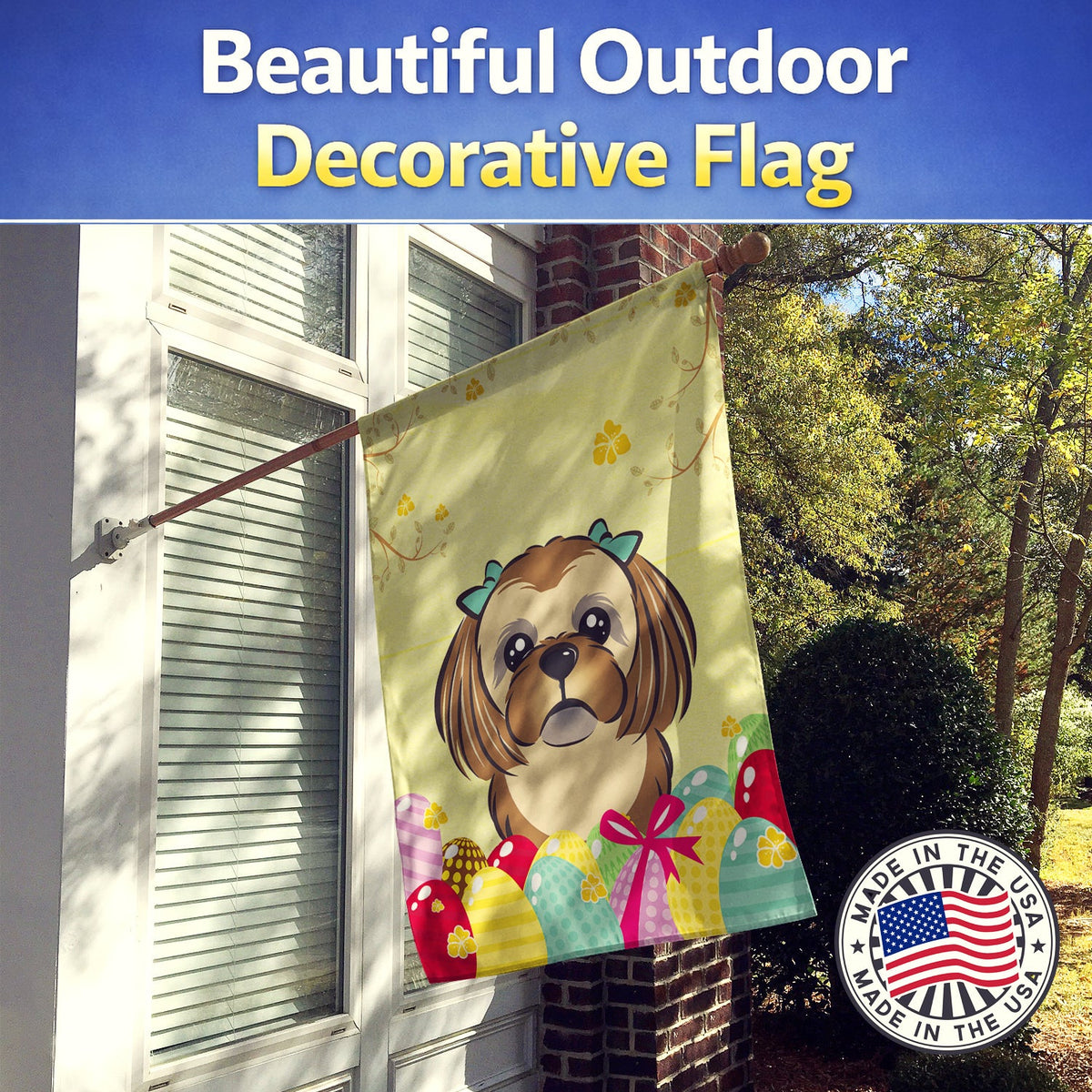 Chocolate Brown Shih Tzu Easter Egg Hunt House Flag 28x40 Porch Sleeve Pole Decorative Outside Yard Banner Artwork Wall Hanging, Polyester