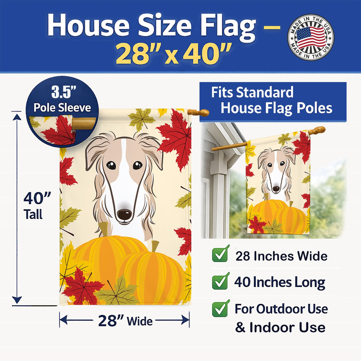 Borzoi Thanksgiving House Flag 28x40 Porch Sleeve Pole Decorative Outside Yard Banner Artwork Wall Hanging, Polyester