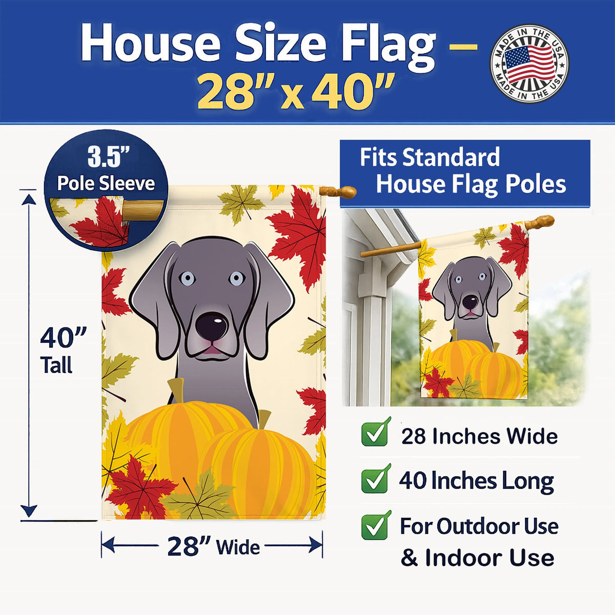 Weimaraner Thanksgiving House Flag 28x40 Porch Sleeve Pole Decorative Outside Yard Banner Artwork Wall Hanging, Polyester