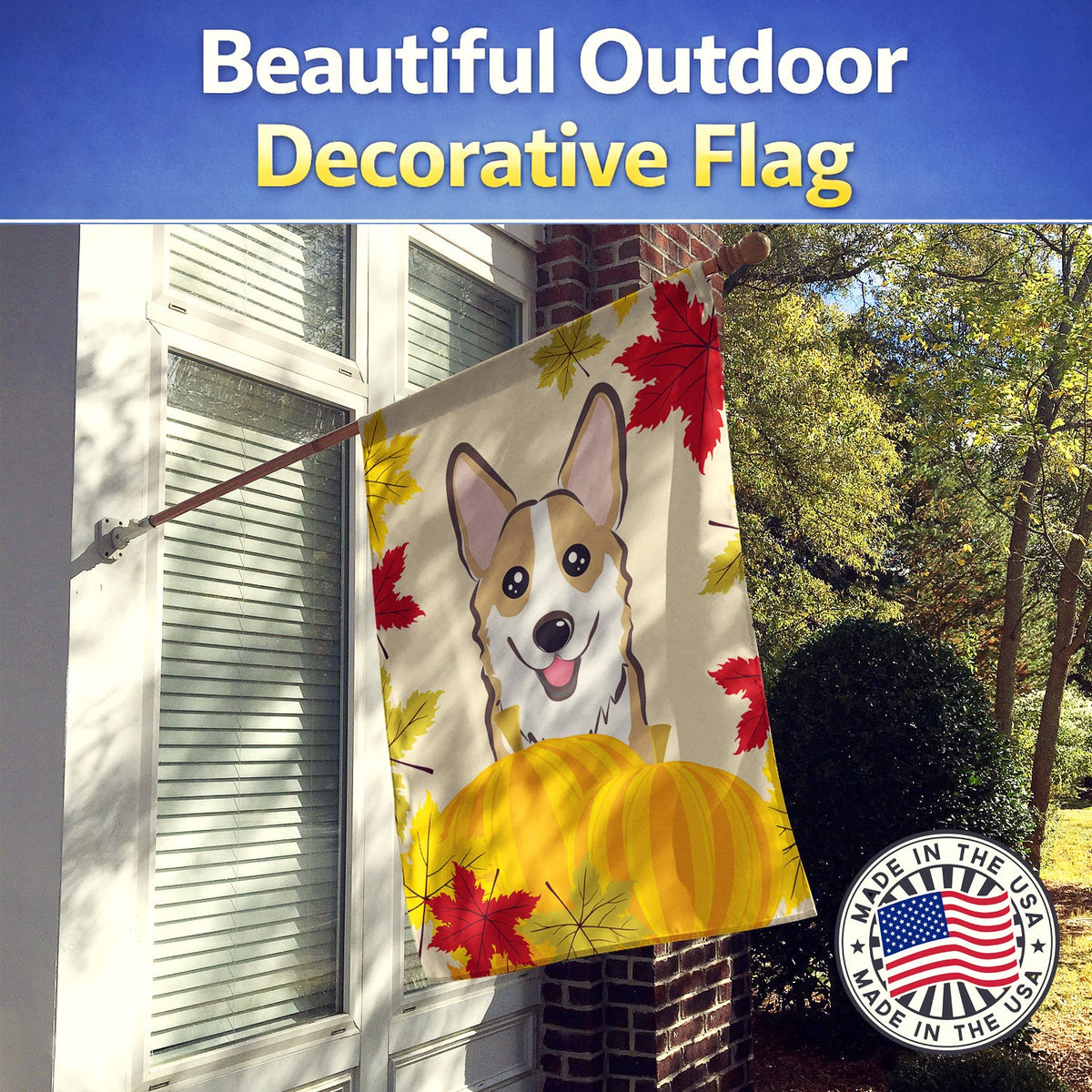 Sable Corgi Thanksgiving House Flag 28x40 Porch Sleeve Pole Decorative Outside Yard Banner Artwork Wall Hanging, Polyester