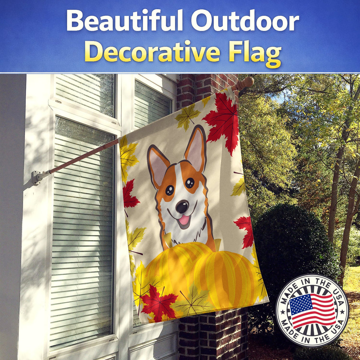 Red Corgi Thanksgiving House Flag 28x40 Porch Sleeve Pole Decorative Outside Yard Banner Artwork Wall Hanging, Polyester