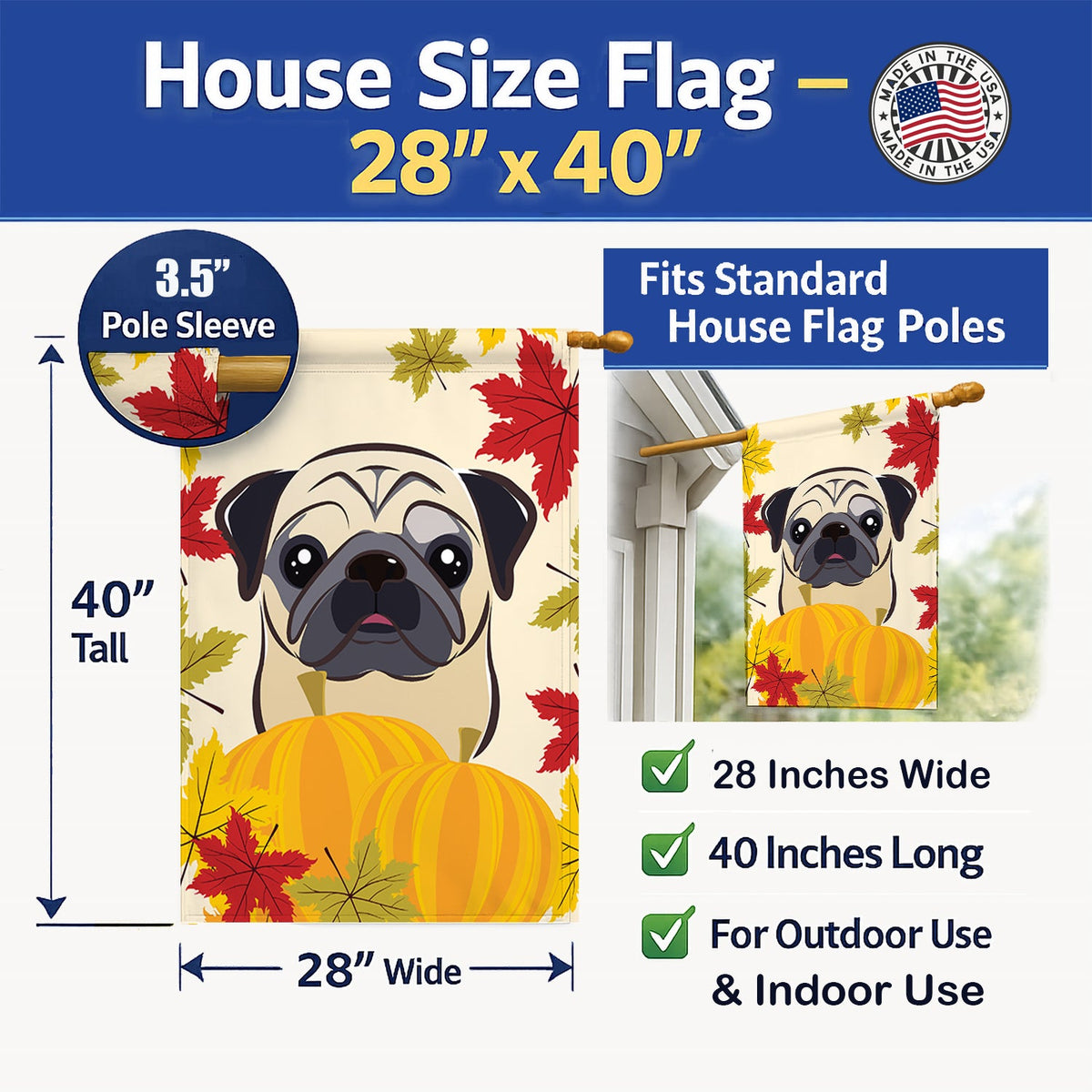Fawn Pug Thanksgiving House Flag 28x40 Porch Sleeve Pole Decorative Outside Yard Banner Artwork Wall Hanging, Polyester