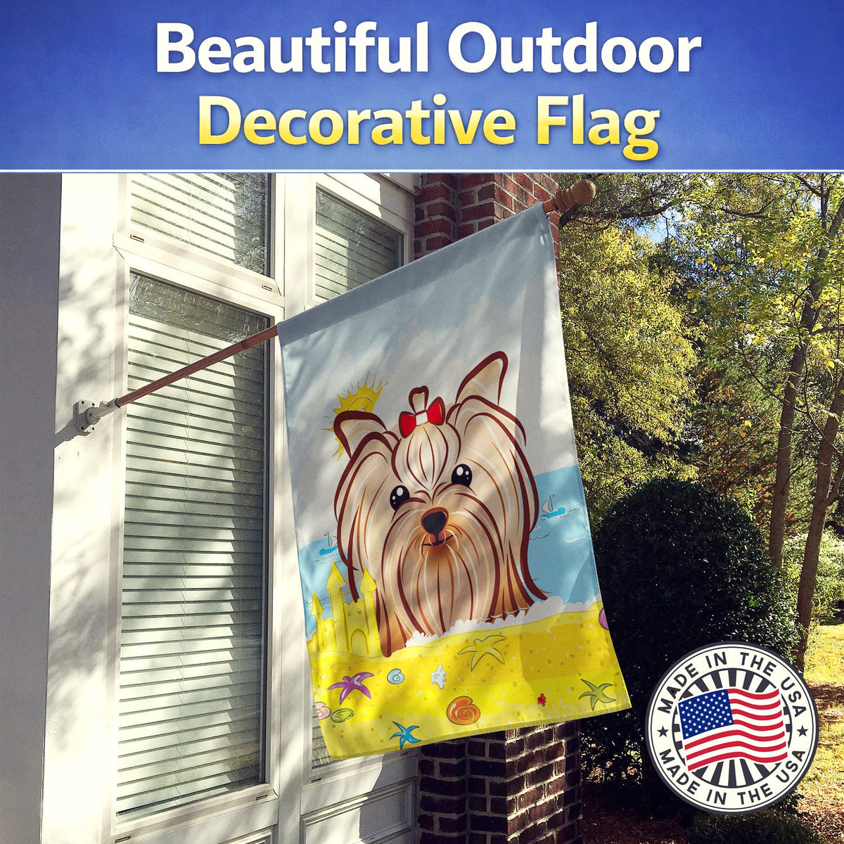 Yorkie Yorkishire Terrier Summer Beach House Flag 28x40 Porch Sleeve Pole Decorative Outside Yard Banner Artwork Wall Hanging, Polyester