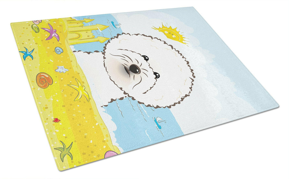 Bichon Frise Summer Beach Cutting Board Tempered Glass Kitchen Cutting Surface, Heat Resistant Chopping, Non-Slip Feet, Food Prep & Serving