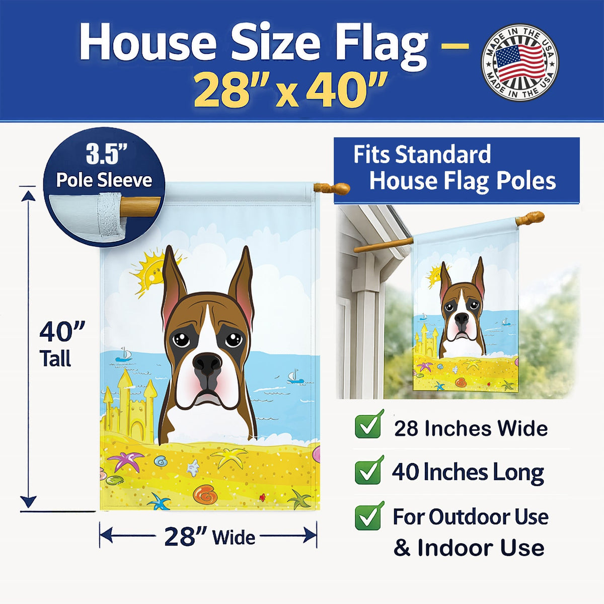 Boxer Summer Beach House Flag 28x40 Porch Sleeve Pole Decorative Outside Yard Banner Artwork Wall Hanging, Polyester
