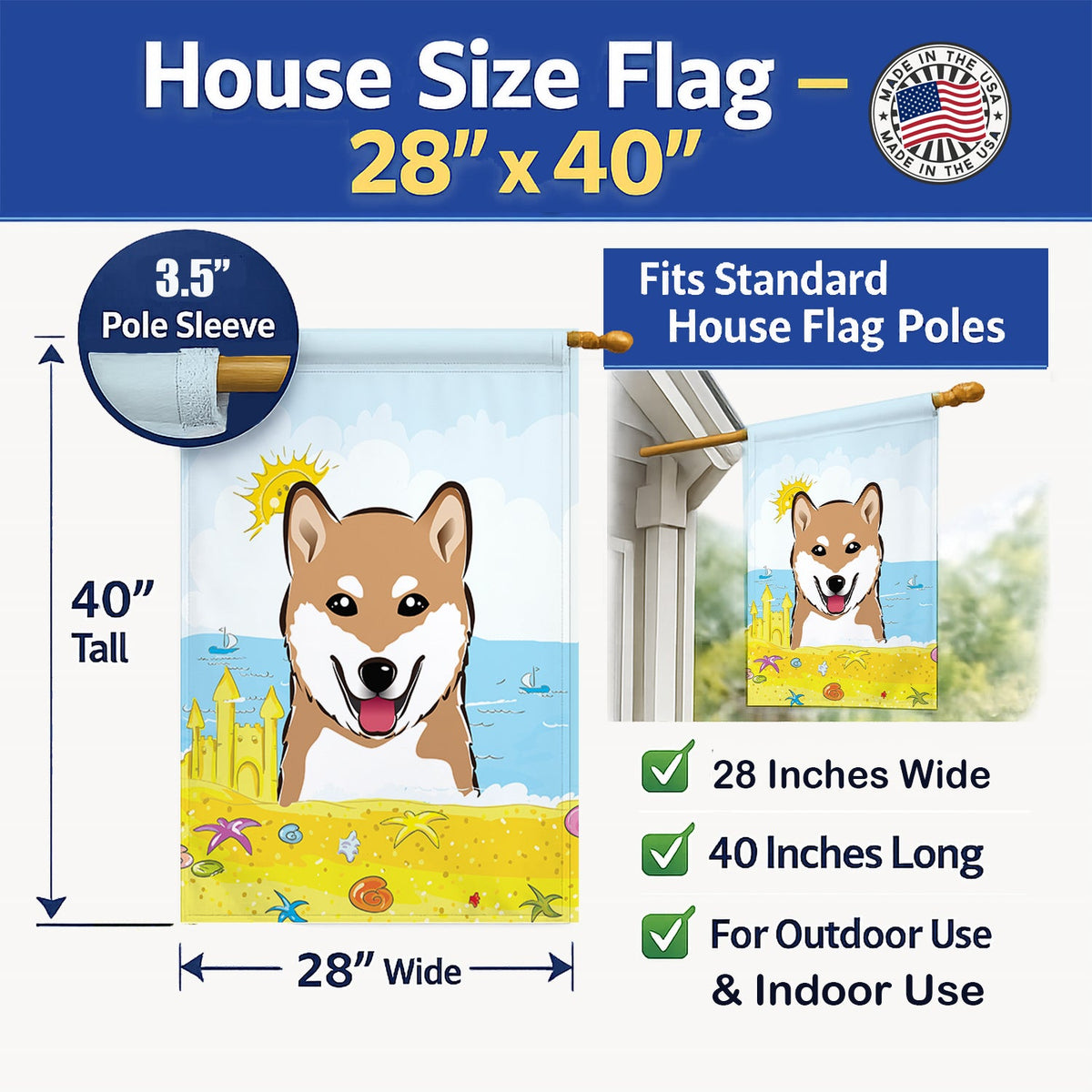 Shiba Inu Summer Beach House Flag 28x40 Porch Sleeve Pole Decorative Outside Yard Banner Artwork Wall Hanging, Polyester