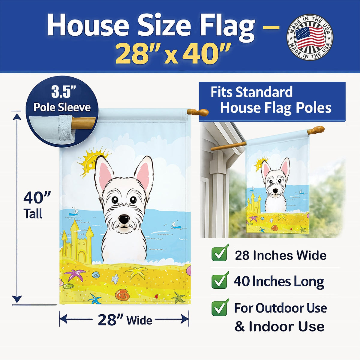Westie Summer Beach House Flag 28x40 Porch Sleeve Pole Decorative Outside Yard Banner Artwork Wall Hanging, Polyester