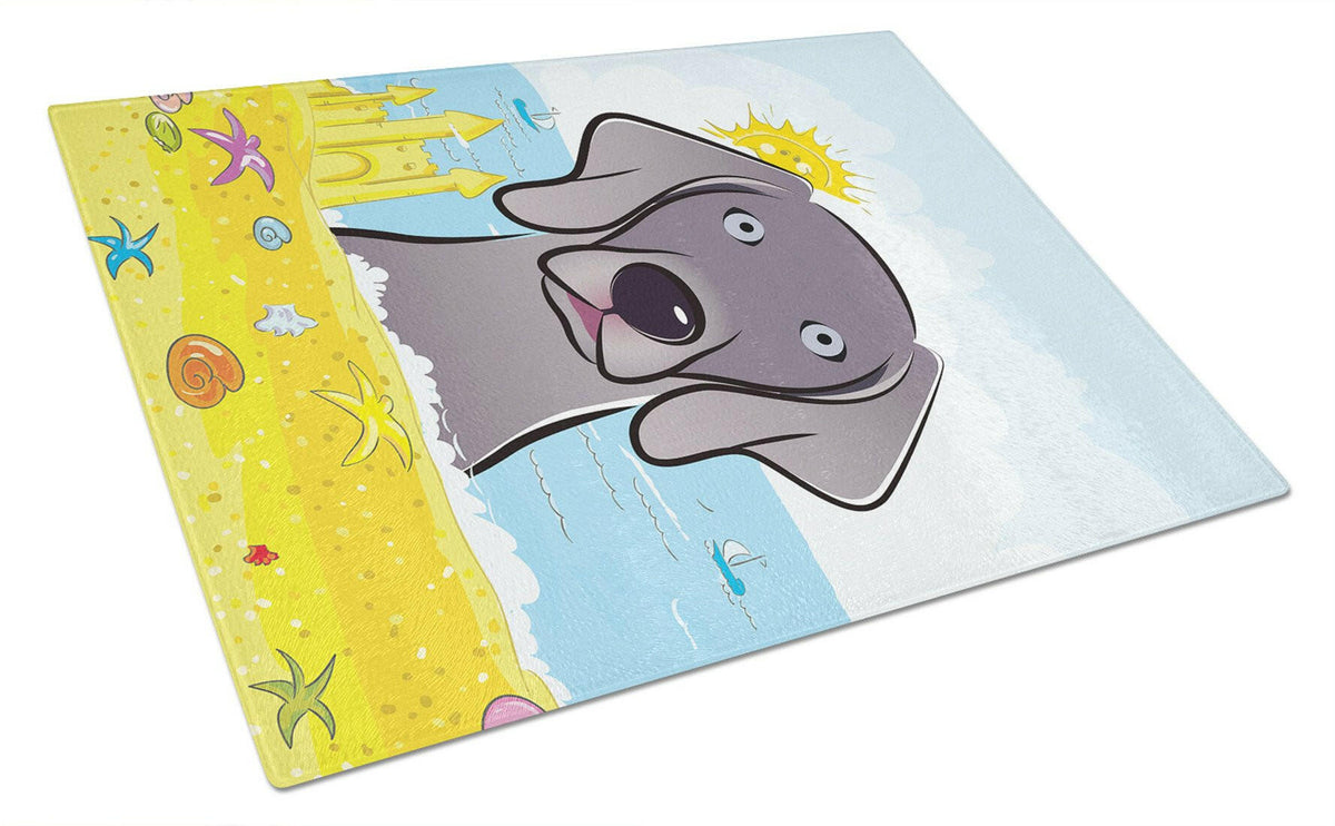 Weimaraner Summer Beach Cutting Board Tempered Glass Kitchen Cutting Surface, Heat Resistant Chopping, Non-Slip Feet, Food Prep & Serving