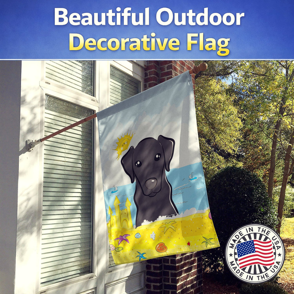 Black Labrador Summer Beach House Flag 28x40 Porch Sleeve Pole Decorative Outside Yard Banner Artwork Wall Hanging, Polyester