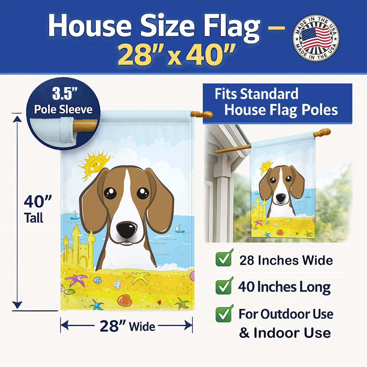 Beagle Summer Beach House Flag 28x40 Porch Sleeve Pole Decorative Outside Yard Banner Artwork Wall Hanging, Polyester