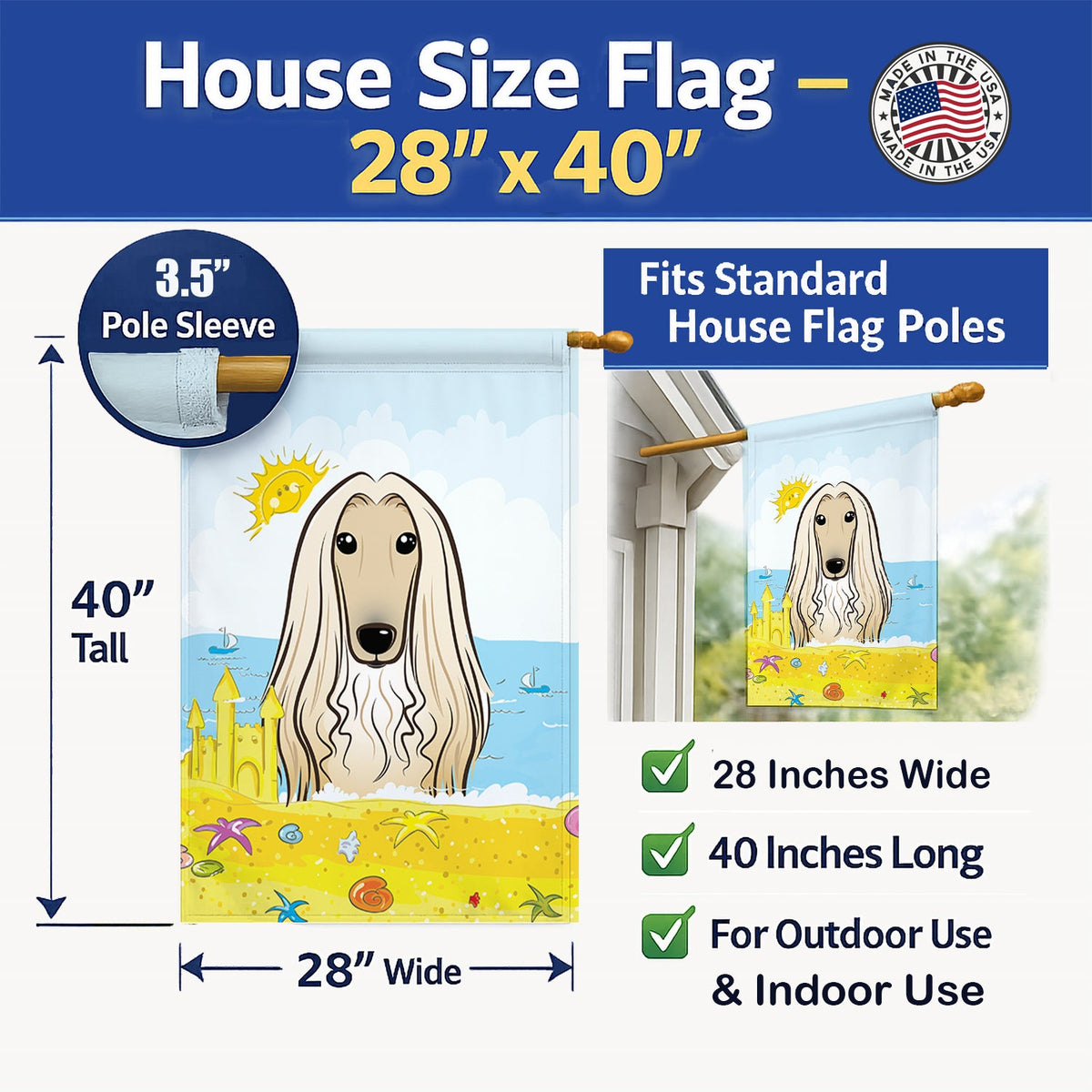 Afghan Hound Summer Beach House Flag 28x40 Porch Sleeve Pole Decorative Outside Yard Banner Artwork Wall Hanging, Polyester