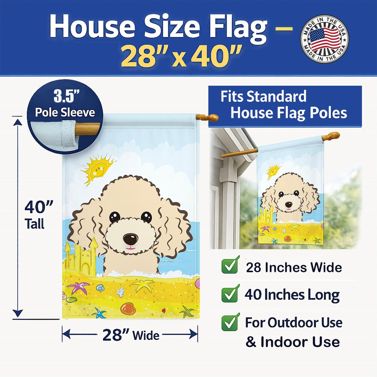 Buff Poodle Summer Beach House Flag 28x40 Porch Sleeve Pole Decorative Outside Yard Banner Artwork Wall Hanging, Polyester