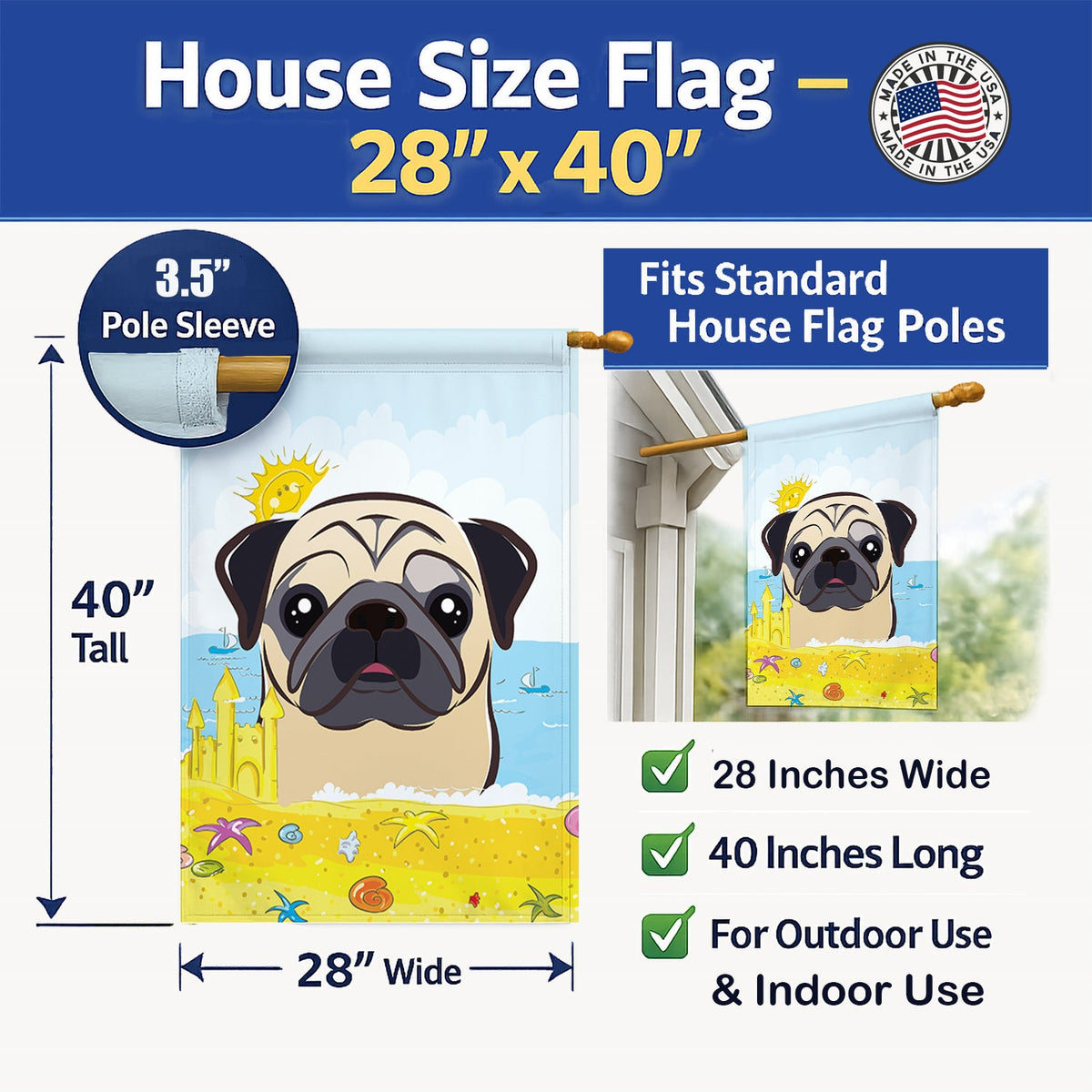 Fawn Pug Summer Beach House Flag 28x40 Porch Sleeve Pole Decorative Outside Yard Banner Artwork Wall Hanging, Polyester