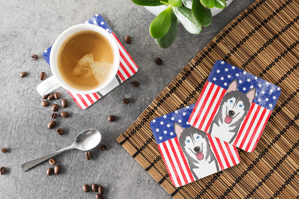 American Flag and Alaskan Malamute Foam Coasters Set of 4 Cup Coasters for Indoor Outdoor, Tabletop Protection, Anti Slip, Mouse pad Material