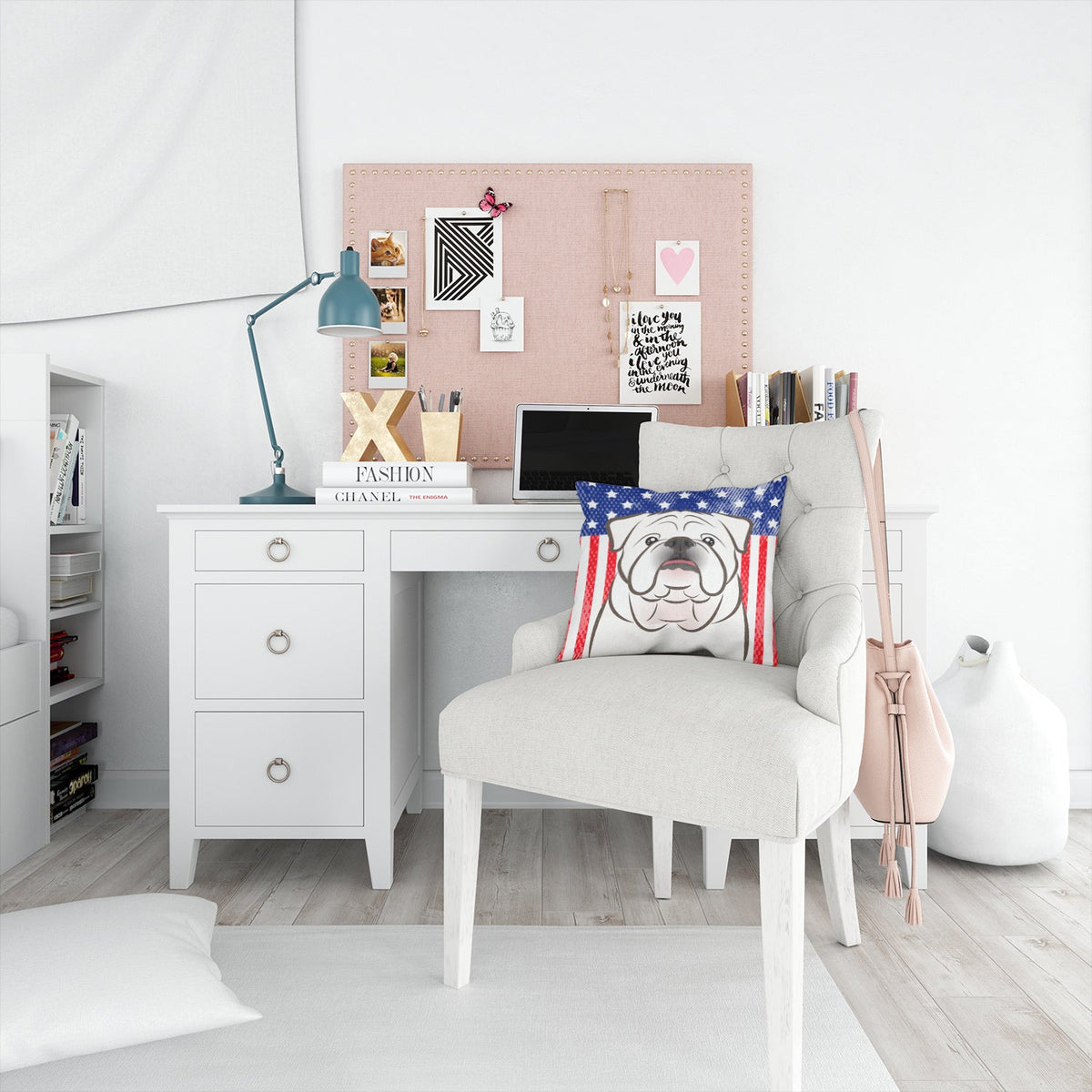 American Flag and White English Bulldog  Decorative Throw Pillow 14x14 Indoor Outdoor Accent Cushion, Fabric Cover with Insert for Sofa, Bed, Porch & Living Room