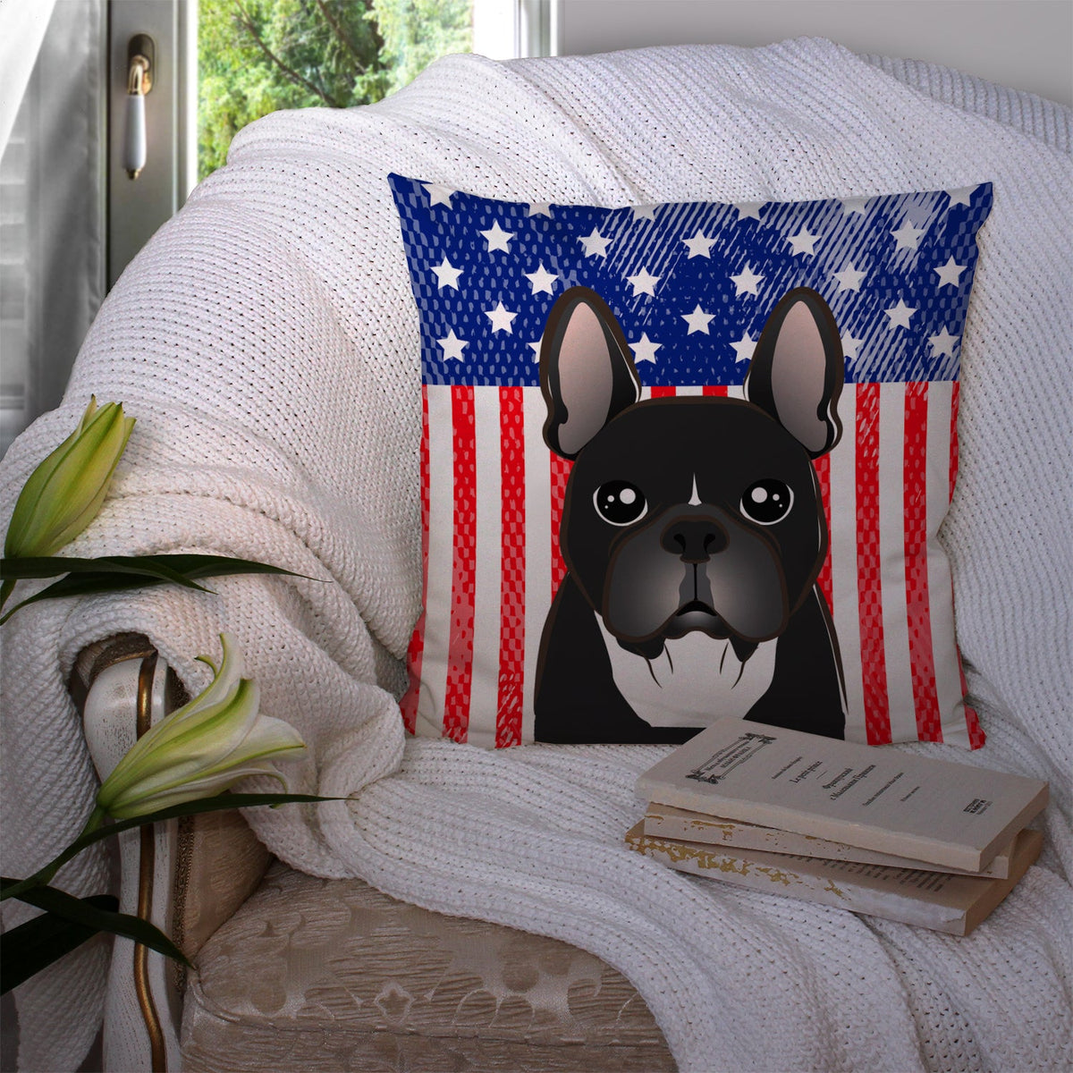 American Flag and French Bulldog Decorative Throw Pillow 14x14 Indoor Outdoor Accent Cushion, Fabric Cover with Insert for Sofa, Bed, Porch & Living Room