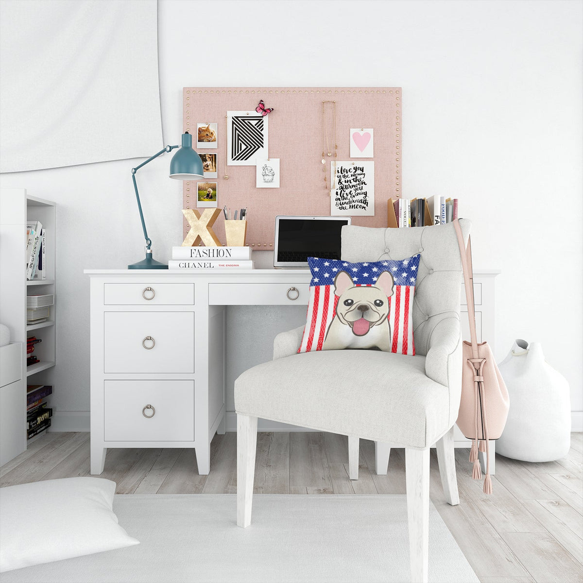 American Flag and French Bulldog Decorative Throw Pillow 14x14 Indoor Outdoor Accent Cushion, Fabric Cover with Insert for Sofa, Bed, Porch & Living Room