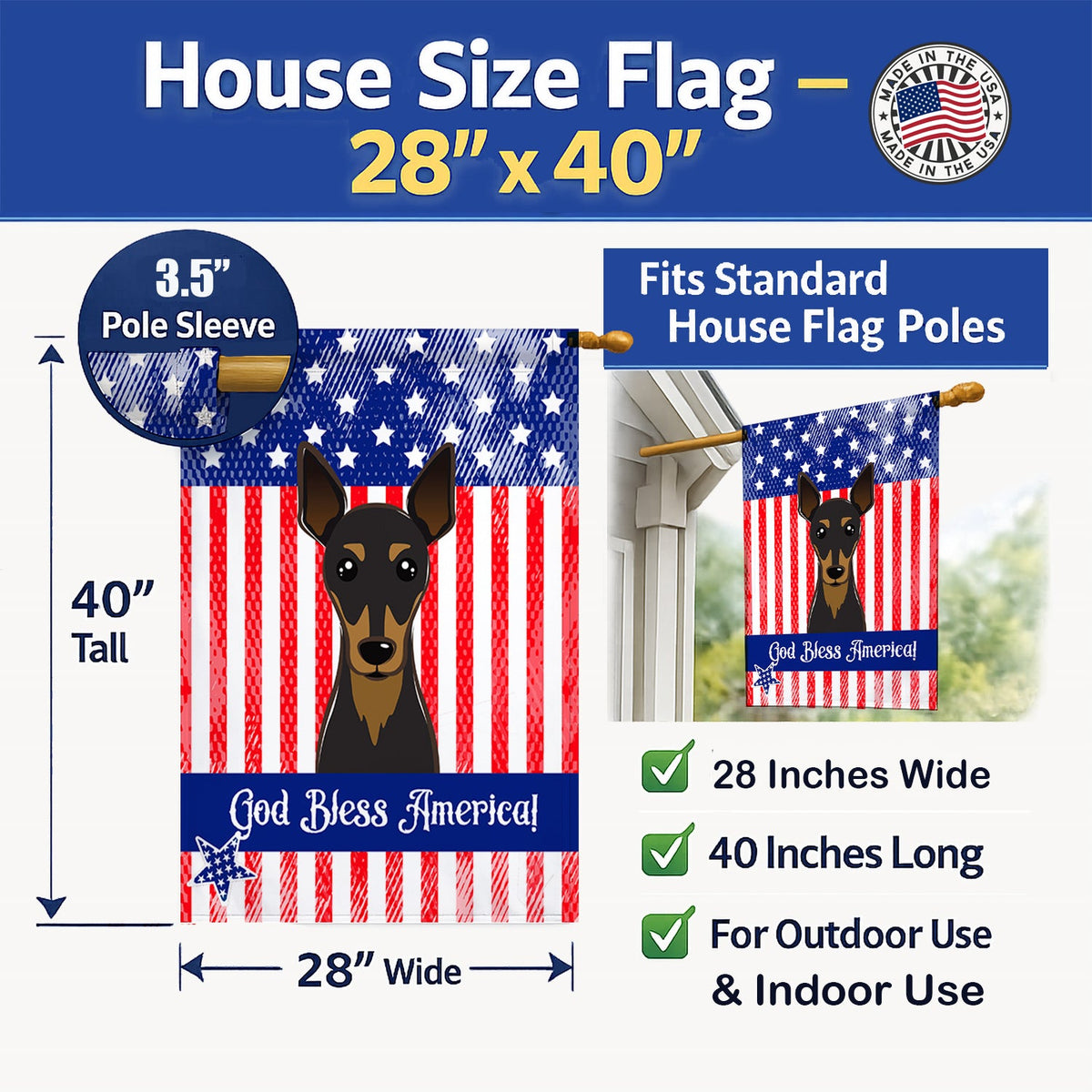 American Flag and Min Pin House Flag 28x40 Porch Sleeve Pole Decorative Outside Yard Banner Artwork Wall Hanging, Polyester