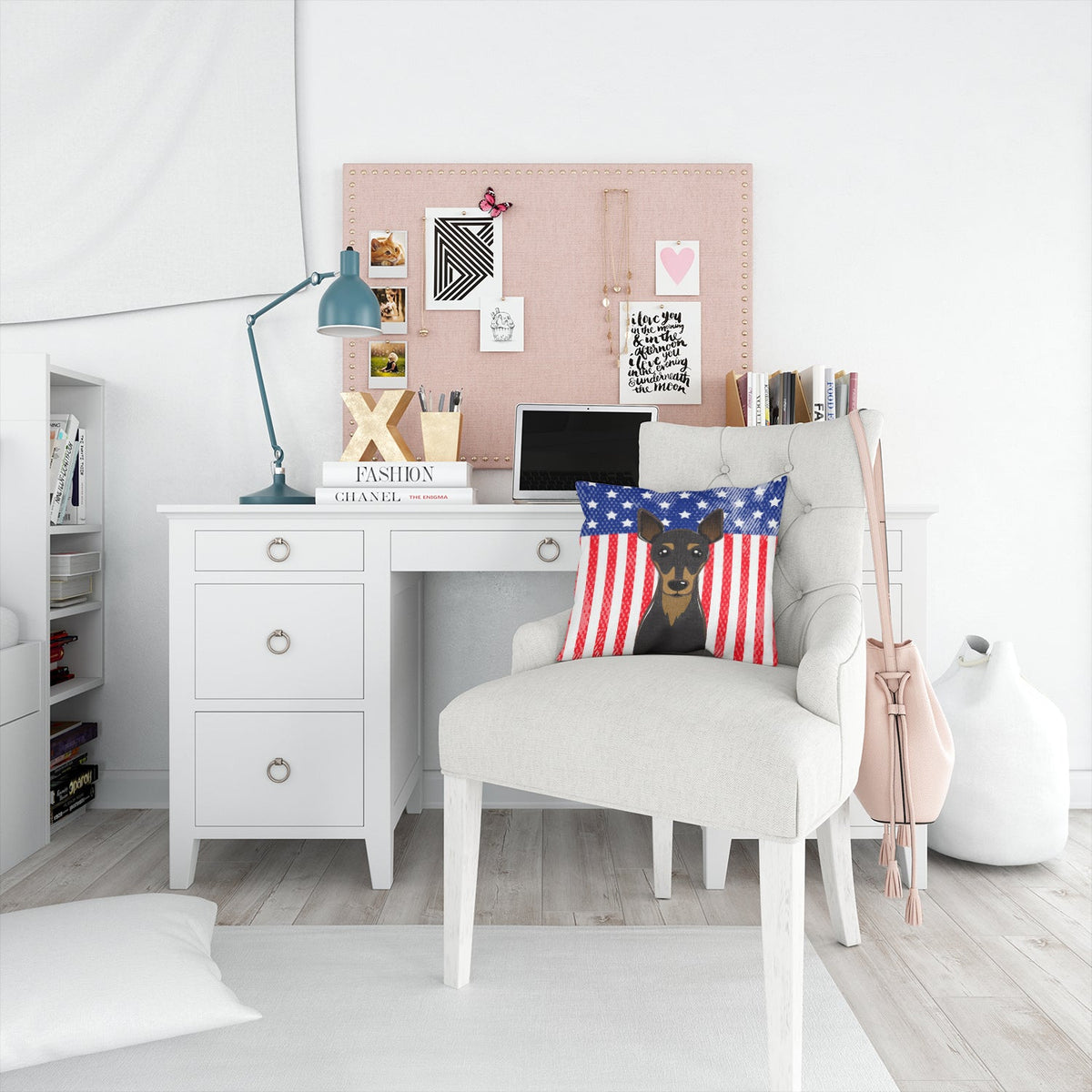 American Flag and Min Pin Decorative Throw Pillow 14x14 Indoor Outdoor Accent Cushion, Fabric Cover with Insert for Sofa, Bed, Porch & Living Room