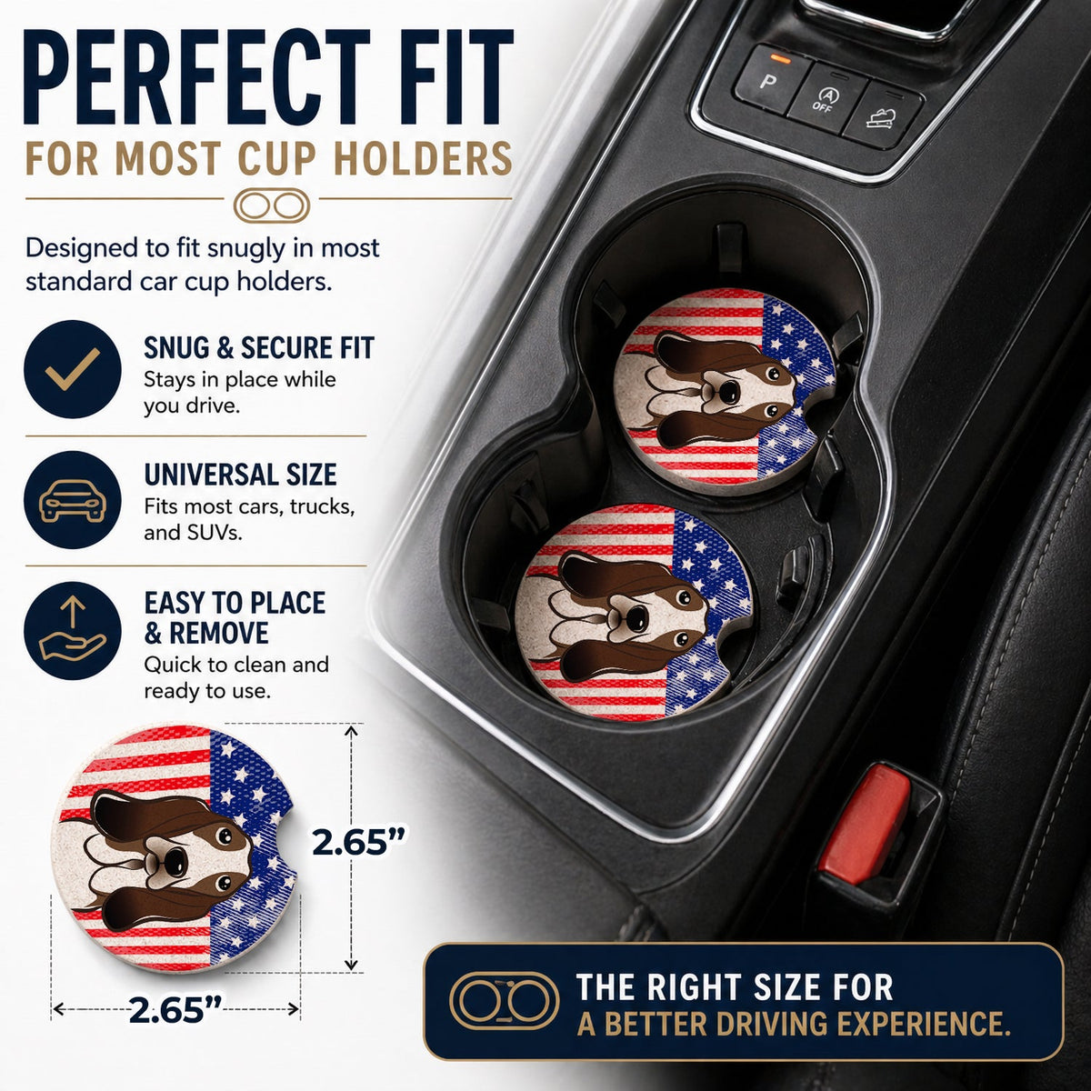 American Flag and Basset Hound Set of 2 Cup Holder Car Coasters Absorbent Round Sandstone Coasters Gifts for Men or Women, 2.5, Multicolor