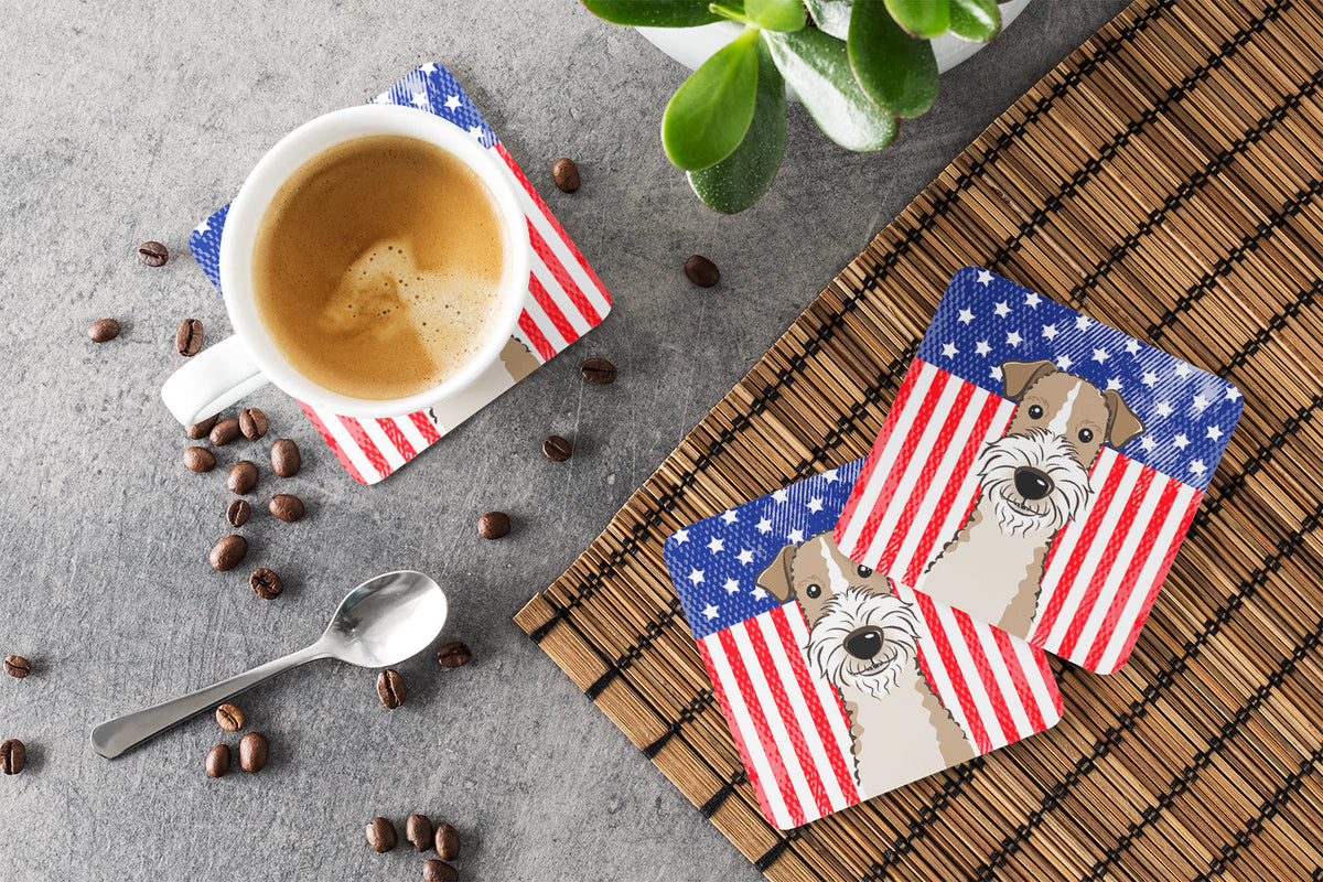 American Flag and Wire Haired Fox Terrier Foam Coasters Set of 4 Cup Coasters for Indoor Outdoor, Tabletop Protection, Anti Slip, Mouse pad Material