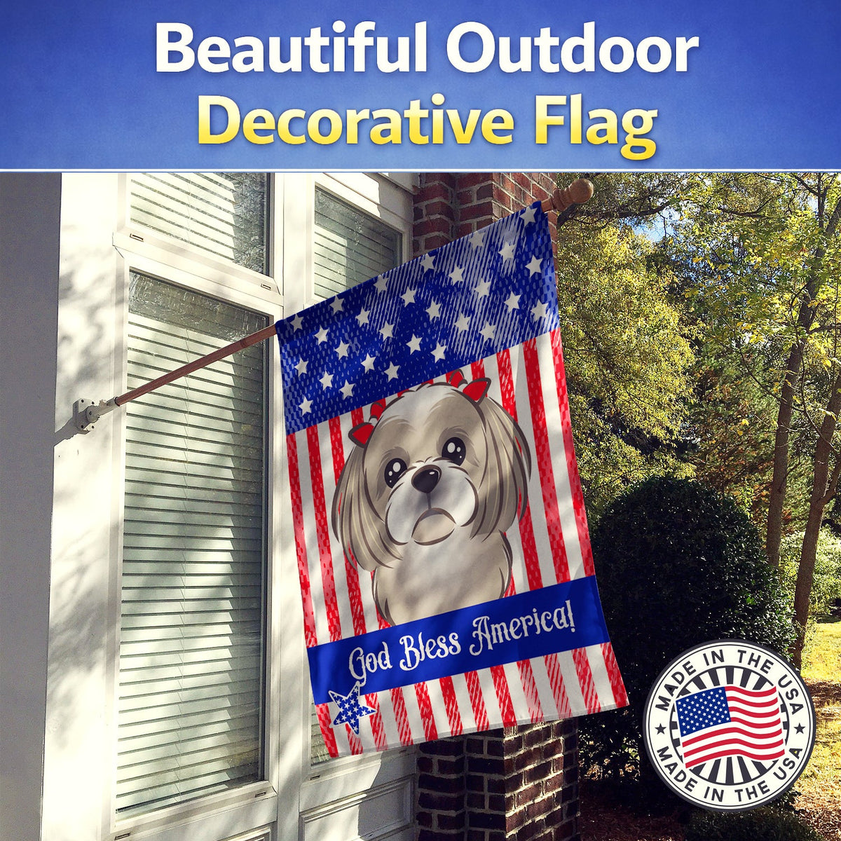 American Flag and Gray Silver Shih Tzu House Flag 28x40 Porch Sleeve Pole Decorative Outside Yard Banner Artwork Wall Hanging, Polyester