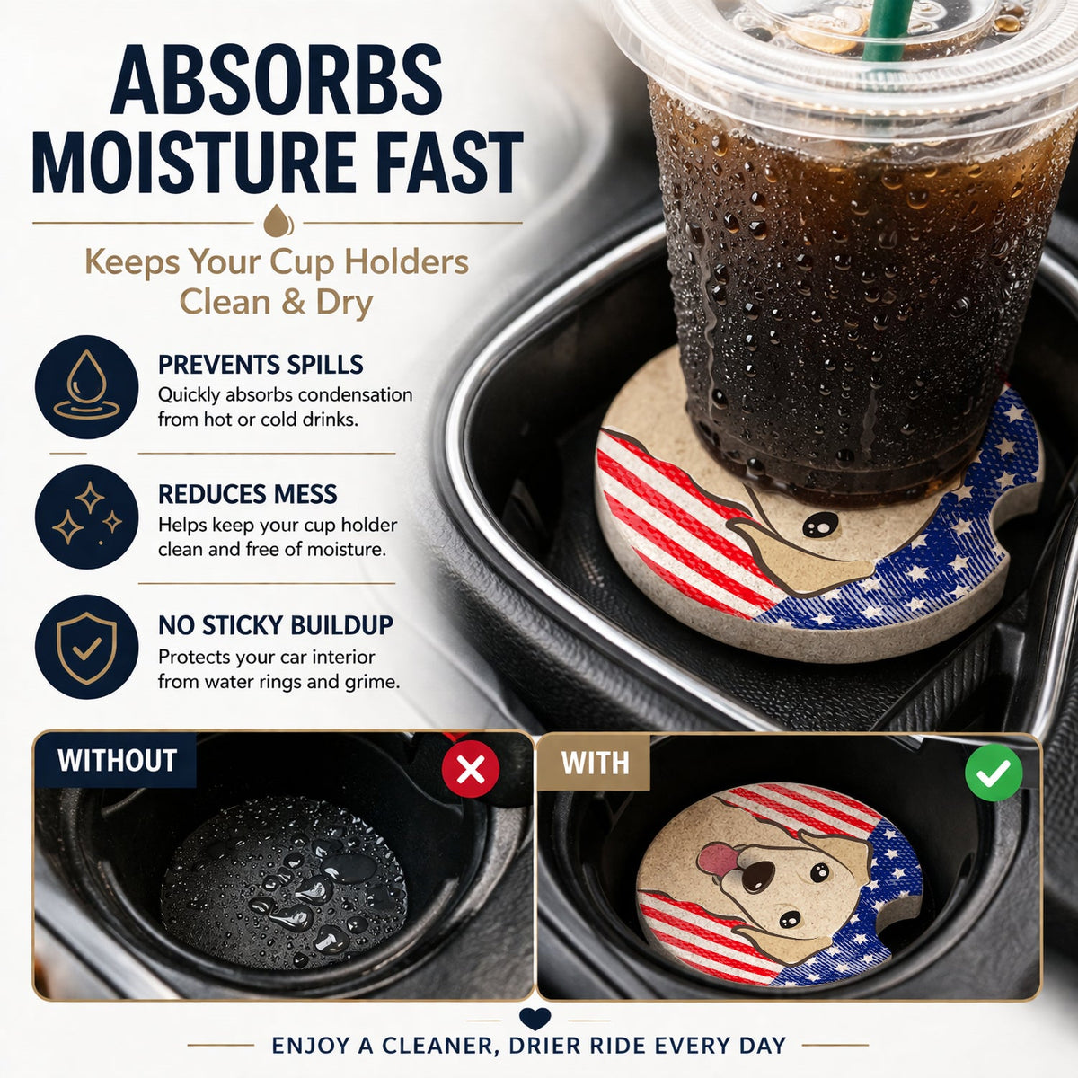 American Flag and Golden Retriever Set of 2 Cup Holder Car Coasters Absorbent Round Sandstone Coasters Gifts for Men or Women, 2.5, Multicolor