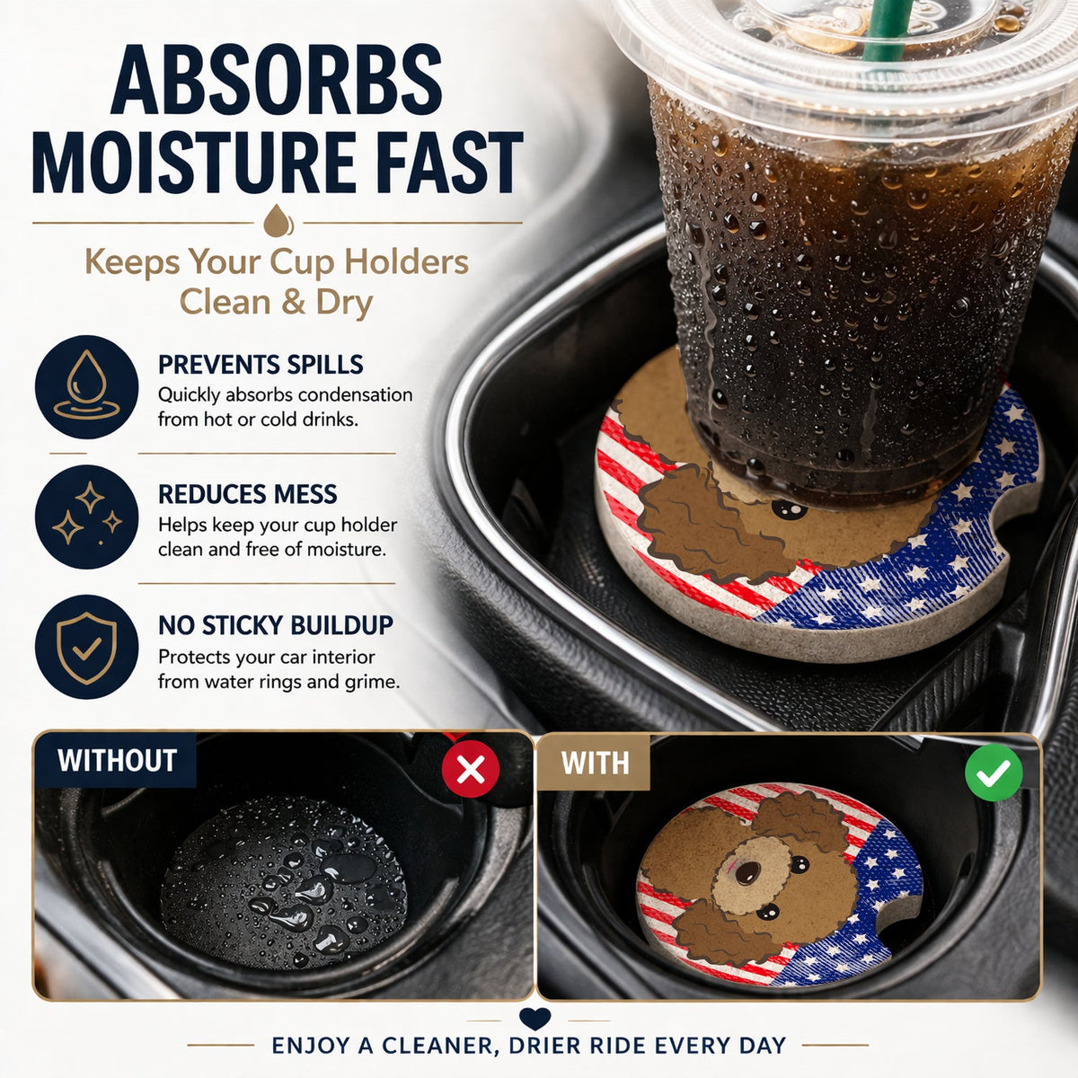 American Flag and Chocolate Brown Poodle Set of 2 Cup Holder Car Coasters Absorbent Round Sandstone Coasters Gifts for Men or Women, 2.5, Multicolor