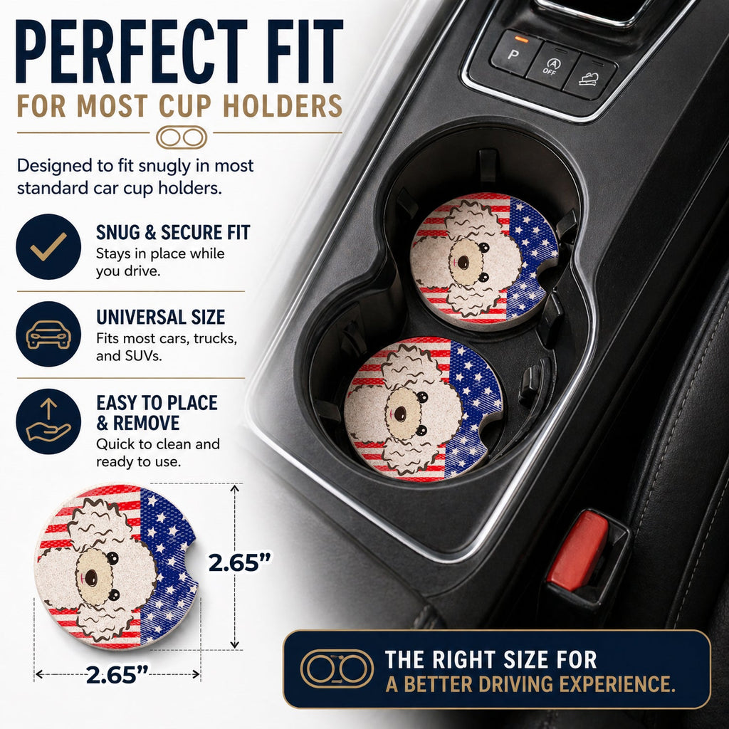 American Flag and White Poodle Set of 2 Cup Holder Car Coasters Absorbent Round Sandstone Coasters Gifts for Men or Women, 2.5, Multicolor