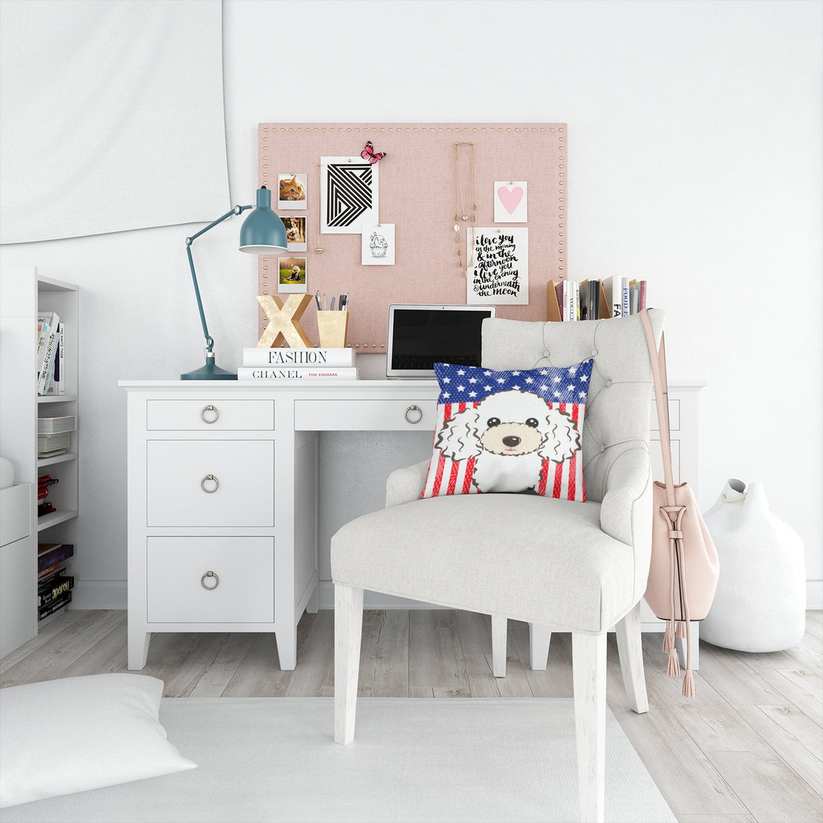 American Flag and White Poodle Decorative Throw Pillow 14x14 Indoor Outdoor Accent Cushion, Fabric Cover with Insert for Sofa, Bed, Porch & Living Room