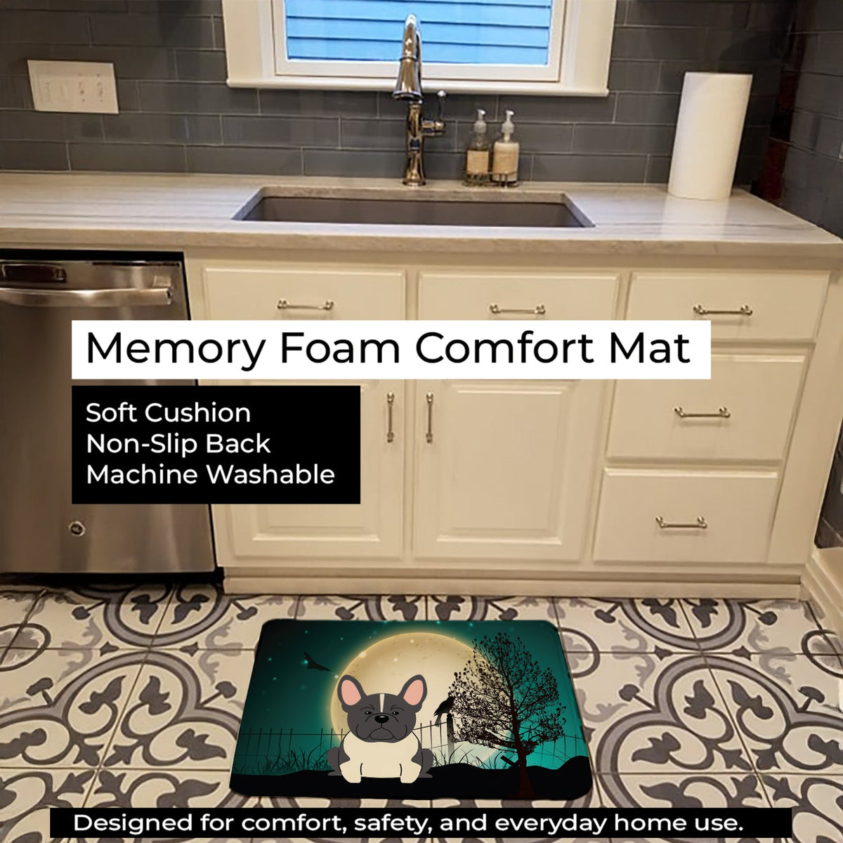 Halloween Scary French Bulldog Black White Memory Foam Kitchen Mat Machine Washable Anti-Fatigue Cushion Comfort Bath or Kitchen Rug