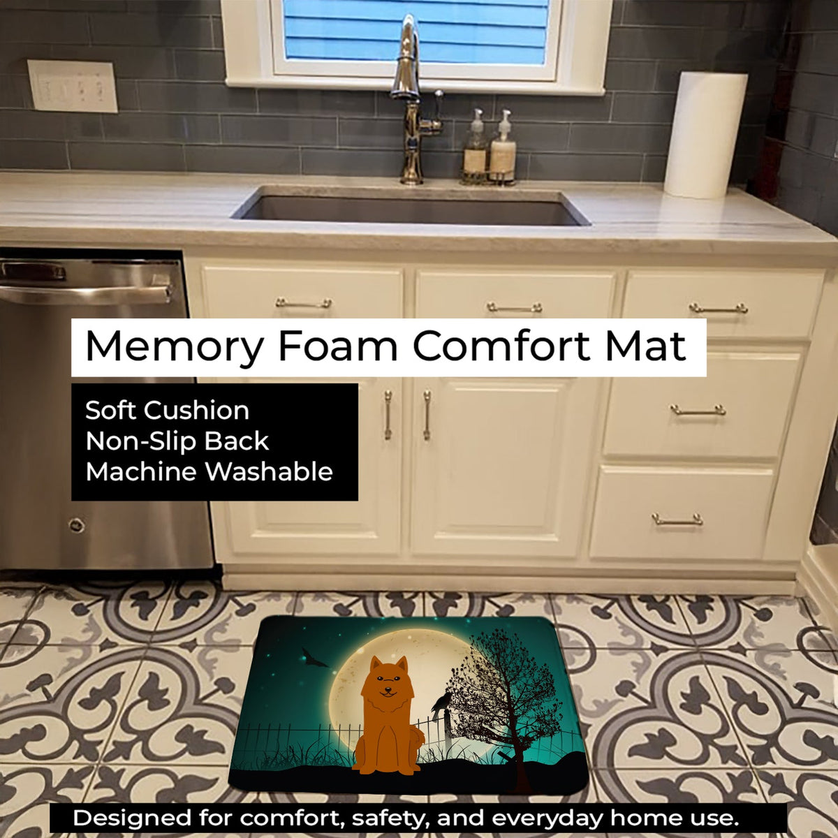 Halloween Scary Karelian Bear Dog Memory Foam Kitchen Mat Machine Washable Anti-Fatigue Cushion Comfort Bath or Kitchen Rug