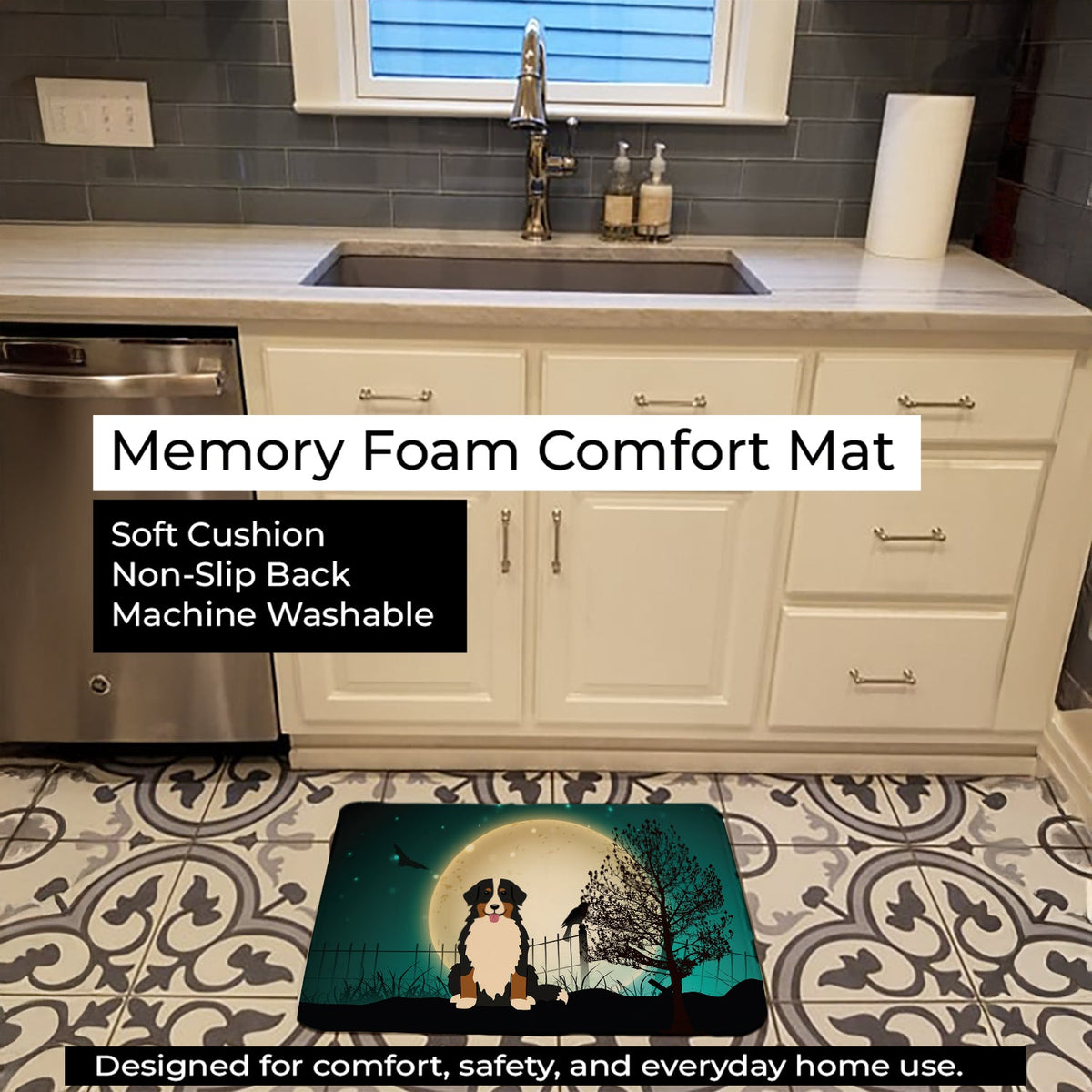 Halloween Scary Bernese Mountain Dog Memory Foam Kitchen Mat Machine Washable Anti-Fatigue Cushion Comfort Bath or Kitchen Rug