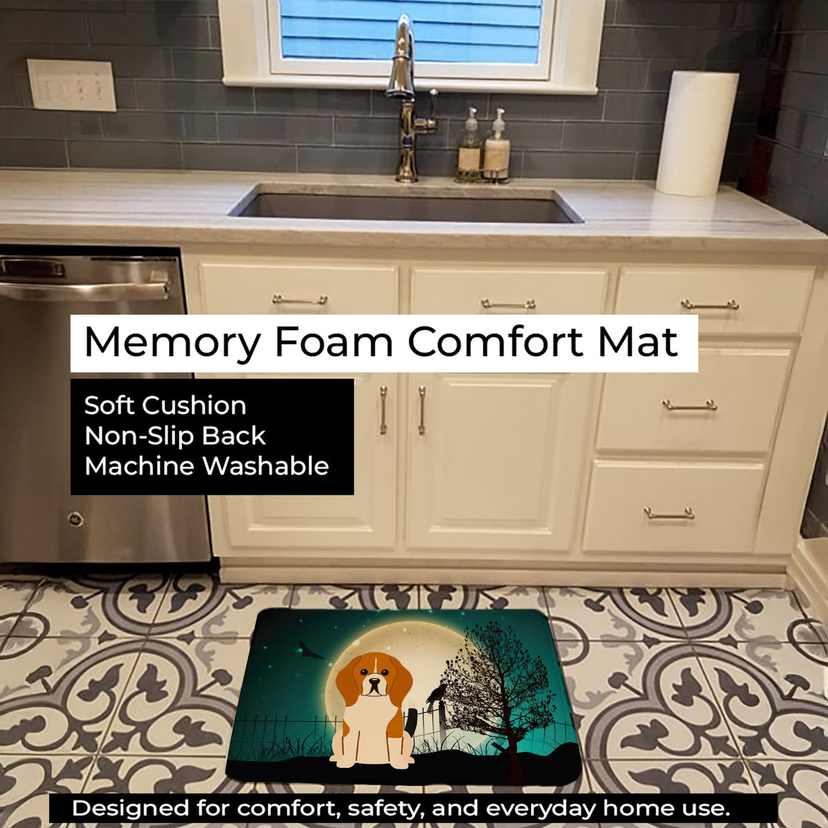 Halloween Scary Beagle Tricolor Memory Foam Kitchen Mat Machine Washable Anti-Fatigue Cushion Comfort Bath or Kitchen Rug