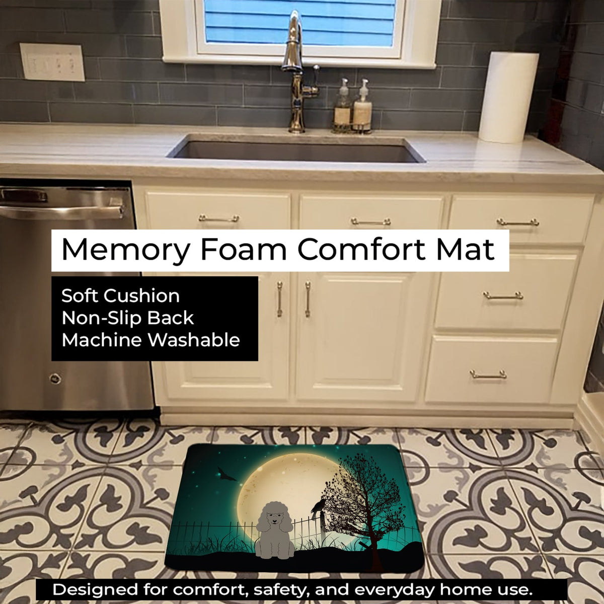 Halloween Scary Poodle Silver Memory Foam Kitchen Mat Machine Washable Anti-Fatigue Cushion Comfort Bath or Kitchen Rug