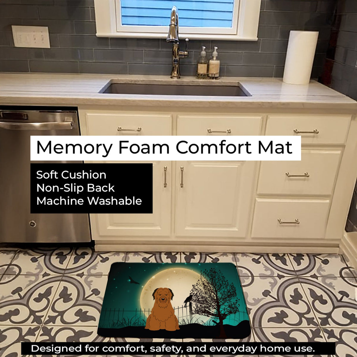 Halloween Scary Briard Brown Memory Foam Kitchen Mat Machine Washable Anti-Fatigue Cushion Comfort Bath or Kitchen Rug
