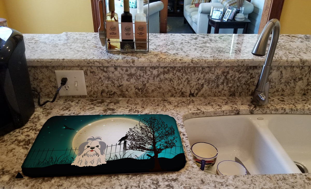 Halloween Scary Shih Tzu Silver White Dish Drying Mat Absorbent Dish Drying Mat Pad for Kitchen Counter Dish Drainer Mat for Countertop, 14 x 21", Multicolor
